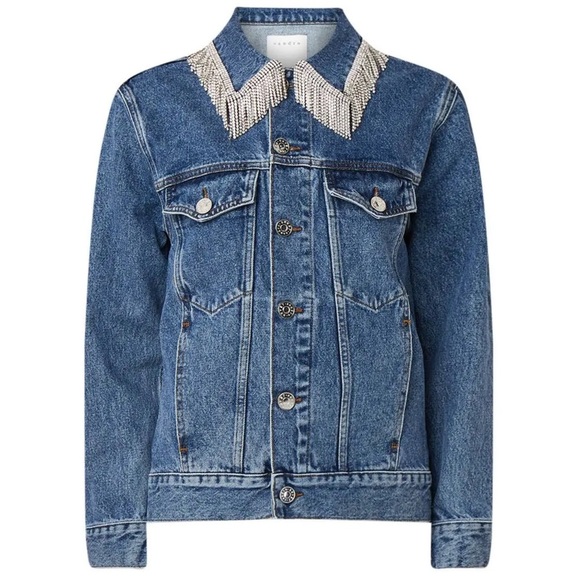 SANDRO Crystal Rhinestone Fringe Collar‎ Oversized Denim Trucker Jean Jacket M - Picture 13 of 15